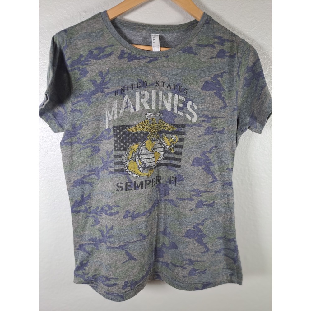 LAT Apparel US Marines Semper Fi Camo T-Shirt Ladies Large Grn Blue Graphic Tee